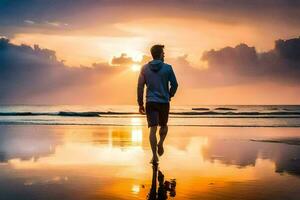 man gående på de strand på solnedgång. ai-genererad foto