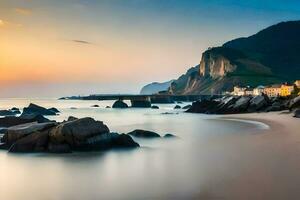 en strand med stenar och en hus på solnedgång. ai-genererad foto