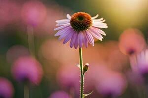 en enda rosa blomma står ut i de Sol. ai-genererad foto