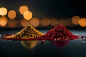 två röd och gul kryddor på en tabell. ai-genererad foto