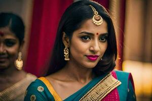 en kvinna i en sari med guld Smycken. ai-genererad foto