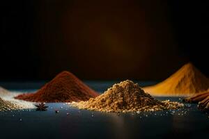 olika kryddor och kryddor på en mörk bakgrund. ai-genererad foto