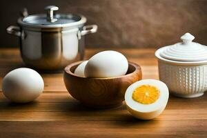 hård kokt ägg i en skål. ai-genererad foto