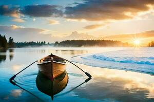 de båt är på de sjö på solnedgång. ai-genererad foto