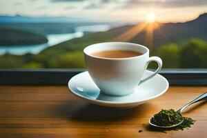 en kopp av te på en tabell med en se av de berg. ai-genererad foto