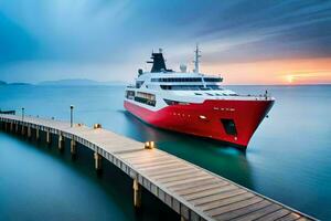 en röd och vit kryssning fartyg dockad på en pir. ai-genererad foto