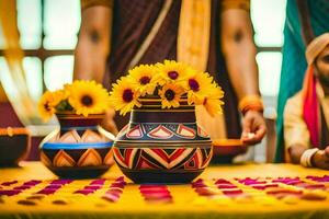 indisk bröllop ceremoni med blommor och ljus. ai-genererad foto