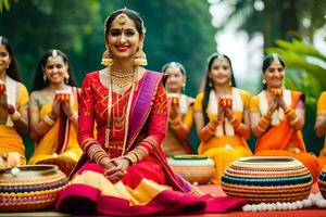 indisk kvinnor i traditionell klädsel Sammanträde på de jord med deras händer i de luft. ai-genererad foto