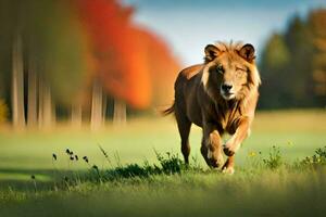 en lejon löpning genom en fält av gräs. ai-genererad foto