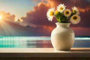blommor i en vas på en fönster tröskel med de Sol miljö. ai-genererad foto