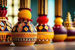 färgrik vaser med färgrik mönster på dem. ai-genererad foto