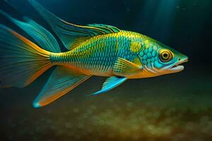 en fisk med ljus blå och gul fenor. ai-genererad foto