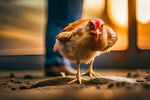 en kyckling stående på en smuts golv. ai-genererad foto