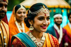en brud i traditionell indisk klädsel ler för de kamera. ai-genererad foto