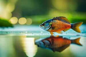 en fisk är stående på de vatten med dess reflexion. ai-genererad foto