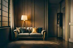en levande rum med en soffa och lampa. ai-genererad foto