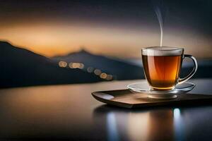 en kopp av te sitter på en tabell med en berg i de bakgrund. ai-genererad foto