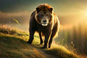 en lejon gående på en väg i de solnedgång. ai-genererad foto