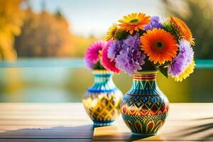 färgrik blommor i vaser på en trä- tabell. ai-genererad foto