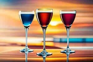 tre glasögon av vin på en tabell med solnedgång i de bakgrund. ai-genererad foto
