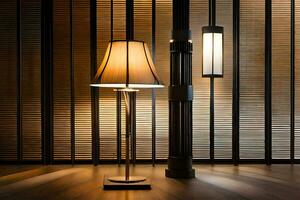 en lampa och en lampa stå i främre av en trä- vägg. ai-genererad foto