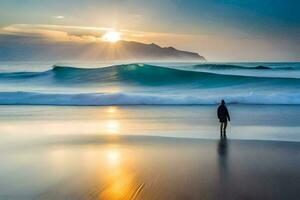 en man står ensam på de strand på solnedgång. ai-genererad foto