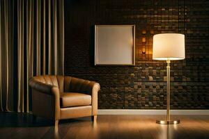 en stol och lampa i en rum med en vägg av trä. ai-genererad foto