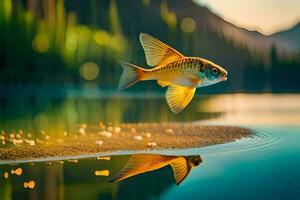 en fisk är flygande över en sjö med vatten och träd. ai-genererad foto