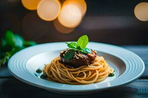 spaghetti med kött och basilika löv på en tallrik. ai-genererad foto