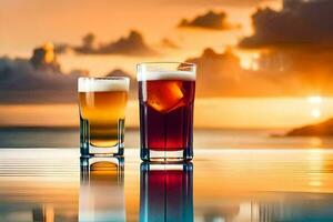 två glasögon av öl på de strand på solnedgång. ai-genererad foto