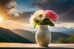 en vas med blommor på en tabell i främre av en berg. ai-genererad foto
