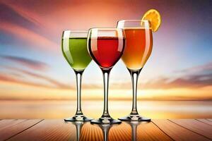 tre glasögon av vin med orange skivor på de tabell. ai-genererad foto