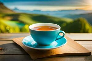 en kopp av te på en trä- tabell i de berg. ai-genererad foto