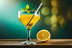 en cocktail med en citron- skiva och mynta. ai-genererad foto