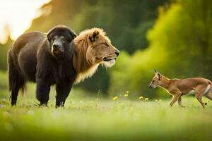 en lejon, en rådjur och en räv i en fält. ai-genererad foto