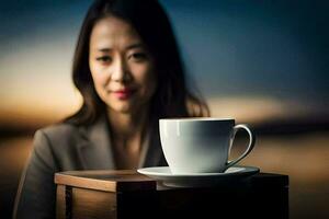 en kvinna i en företag kostym sitter i främre av en kaffe kopp. ai-genererad foto