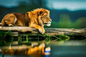 en lejon Sammanträde på en logga förbi de vatten. ai-genererad foto
