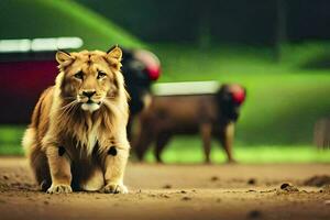 en lejon är stående i de smuts med en ko. ai-genererad foto