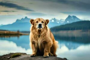 en gyllene retriever Sammanträde på en sten nära en sjö. ai-genererad foto