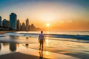 en man promenader på de strand på solnedgång i dubai. ai-genererad foto