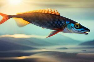 en fisk i de hav med en Sol i de bakgrund. ai-genererad foto