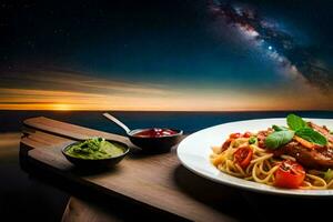en tallrik av pasta och sås på en trä- tabell med en mjölkig himmel bakgrund. ai-genererad foto