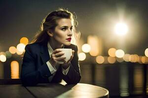 en kvinna i en kostym är dricka kaffe på natt. ai-genererad foto