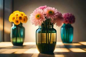 tre vaser med blommor i dem på en tabell. ai-genererad foto
