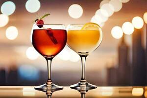 två glasögon av cocktails med en ljus bakgrund. ai-genererad foto