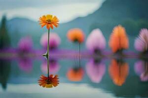en blomma är stående i de mitten av en sjö. ai-genererad foto
