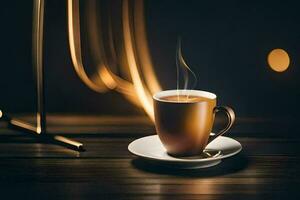 en kopp av kaffe på en trä- tabell med en ljus. ai-genererad foto
