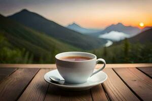 en kopp av te på en trä- tabell i främre av en berg se. ai-genererad foto