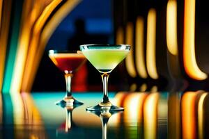 två martinis är Sammanträde på en tabell med färgrik lampor. ai-genererad foto