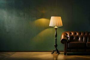 en läder soffa och lampa i främre av en grön vägg. ai-genererad foto